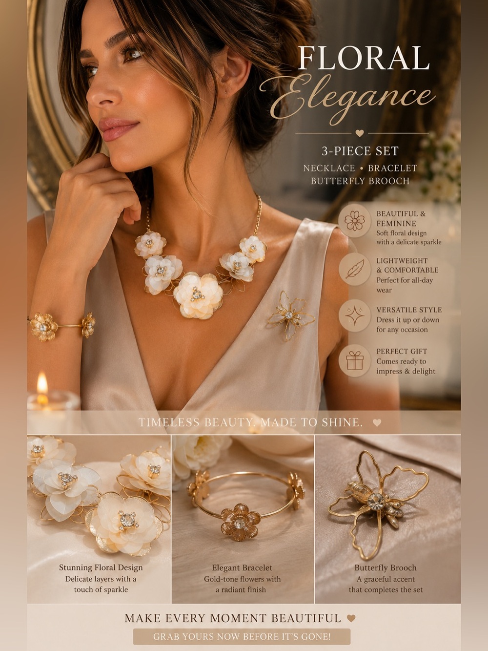 Jewelry set 
 Elegance 3-Piece Necklace, Bracelet & Butterfly brooch